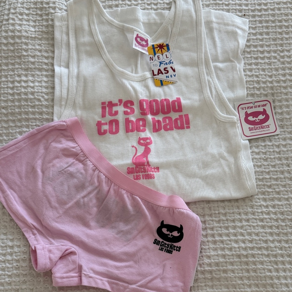 It's Good to Be Bad Graphic Tank & Pink Shorts Set Sz. Large Sun City Kitty NWT